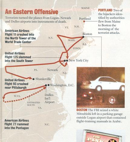 Newsweek's map of the jet paths on 9-11